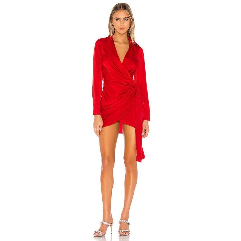 Revolve Superdown Sophie Draped Satin Long Sleeve Wrap Mini Dress Size XS